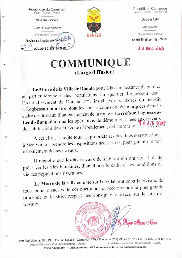 Douala: le maire annonce le démarrage des démolitions à Logbessou