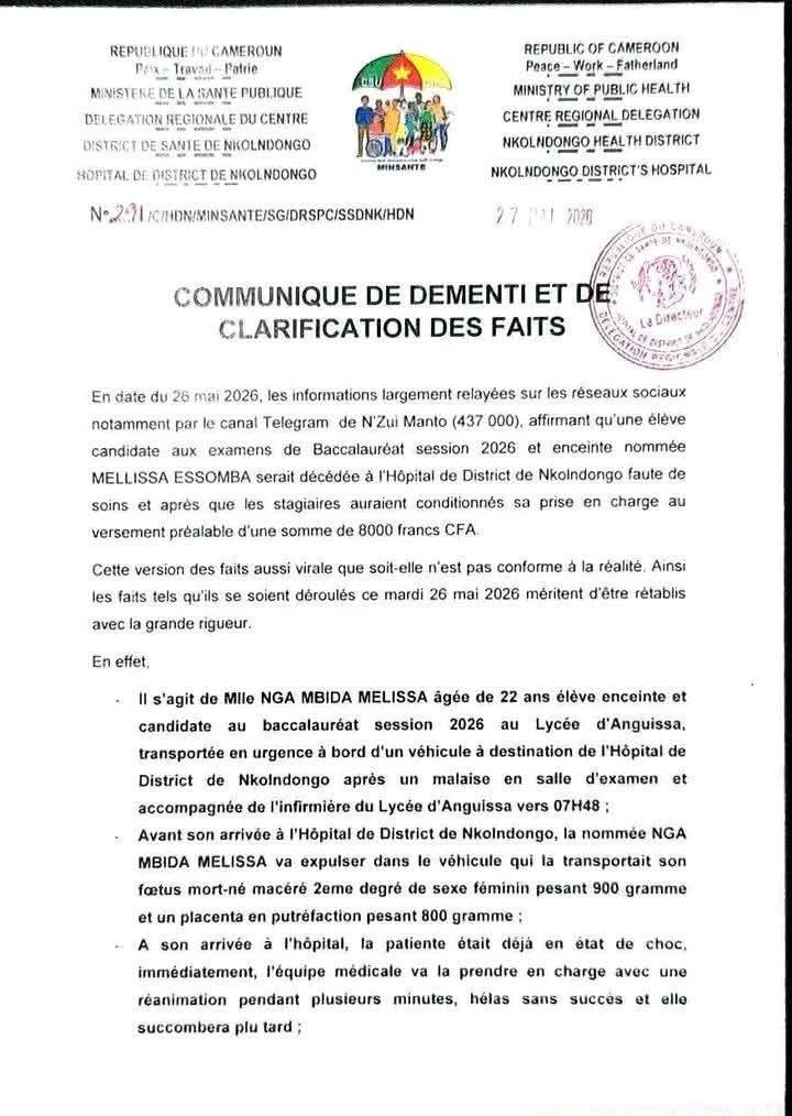Décès d’une candidate au baccalauréat : l’hôpital de Nkoldongo réagit à travers un communiqué