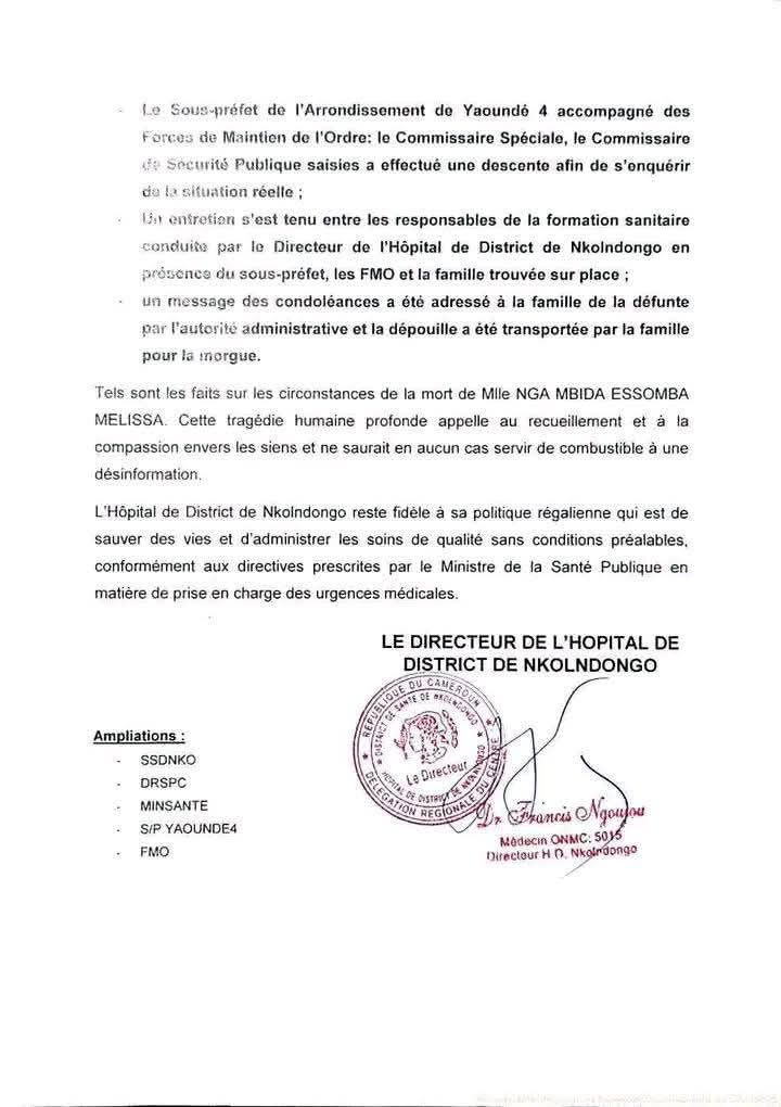 Décès d’une candidate au baccalauréat : l’hôpital de Nkoldongo réagit à travers un communiqué
