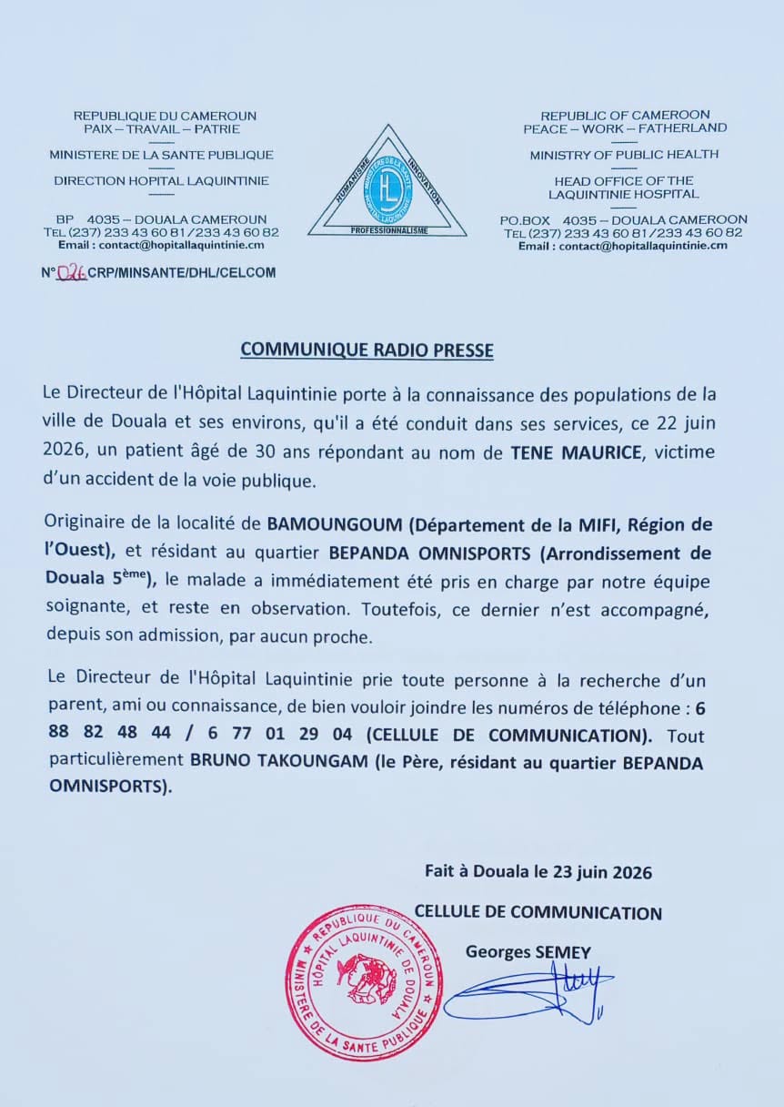 Recherche des proches de monsieur TENE Maurice, âgé de 30 ans, victime d'accident de la voie publique et pris en charge par notre équipe soignante