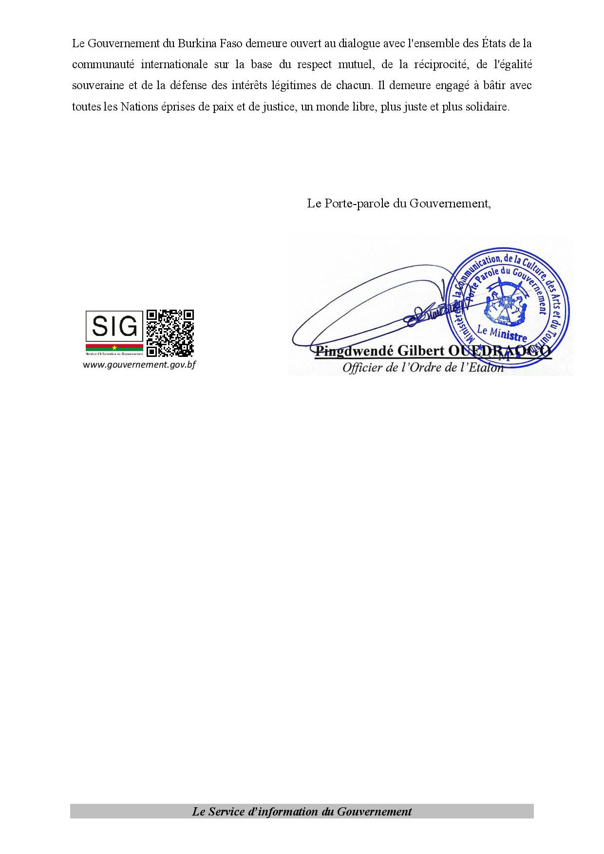 COMMUNIQUE RELATIF A LA RUPTURE DES RELATIONS DIPLOMATIQUES ENTRE LE BURKINA FASO ET LA REPUBLIQUE FRANÇAISE