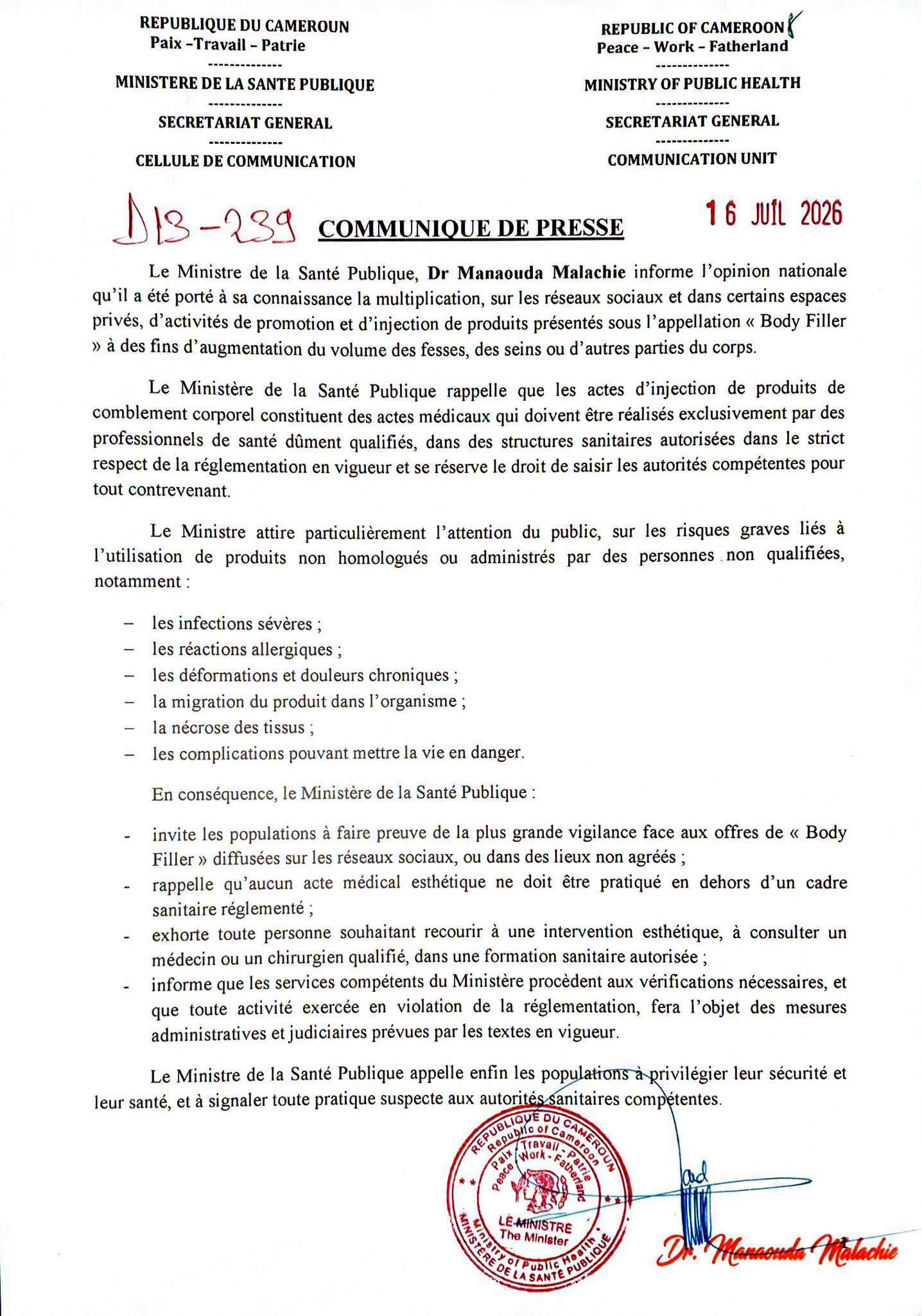 Le Ministre de la Santé Publique, Dr Manaouda Malachie, informe l'opinion nationale qu'il a été porté à sa connaissance la multiplication,